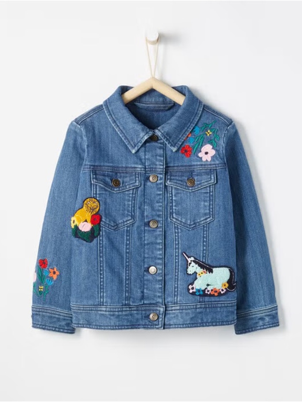 Hanna Andersson denim jacket with patches and Sherpa lining